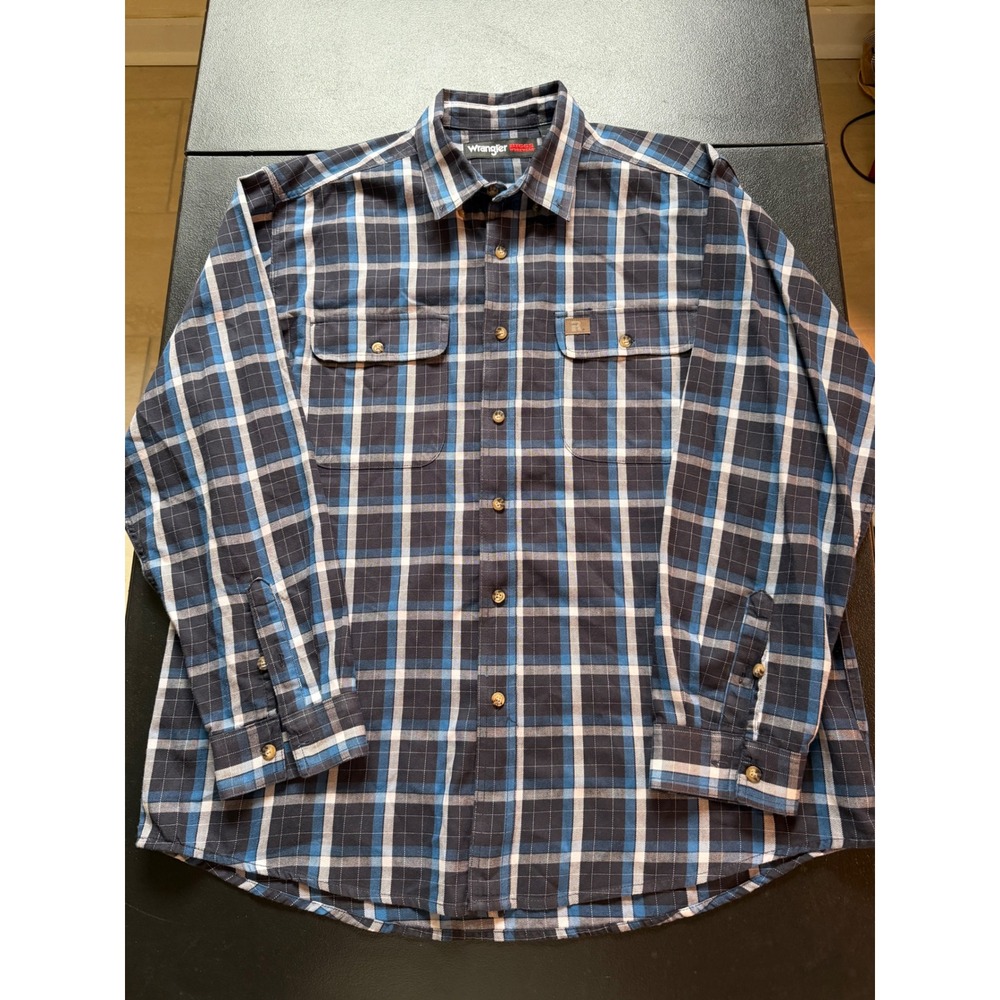 Wrangler Riggs Workwear Plaid Button Down Shirt Mens XXL Blue Navy 3W623NB